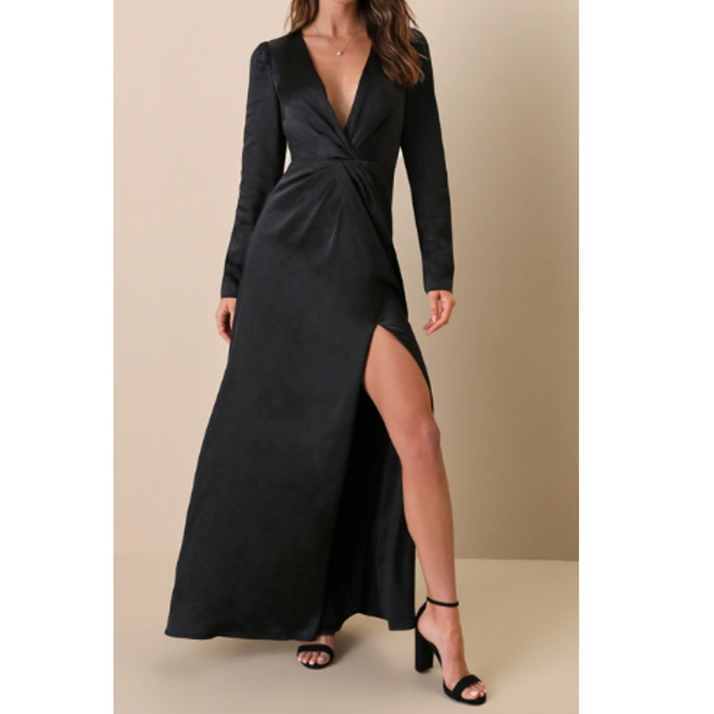 LULU'S SZ S  Black Endearing Elegance Satin Long Sleeve Maxi Dress NEW B104